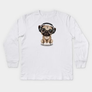 Cute Pug Puppy Dj Wearing Headphones and Glasses Kids Long Sleeve T-Shirt